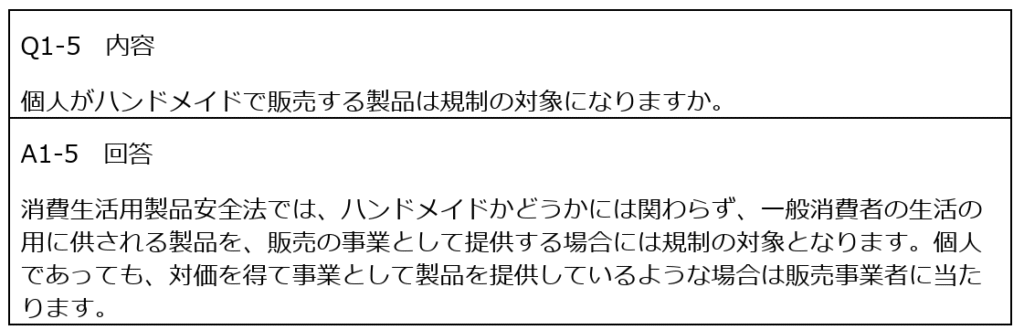 個人がハンドメイドで販売する製品は規制の対象になりますか。 ―消費生活用製品安全法では、ハンドメイドかどうかには関わらず、一般消費者の生活の用に供される製品を、販売の事業として提供する場合には規制の対象となります。個人であっても、対価を得て事業として製品を提供しているような場合は販売事業者に当たります。
